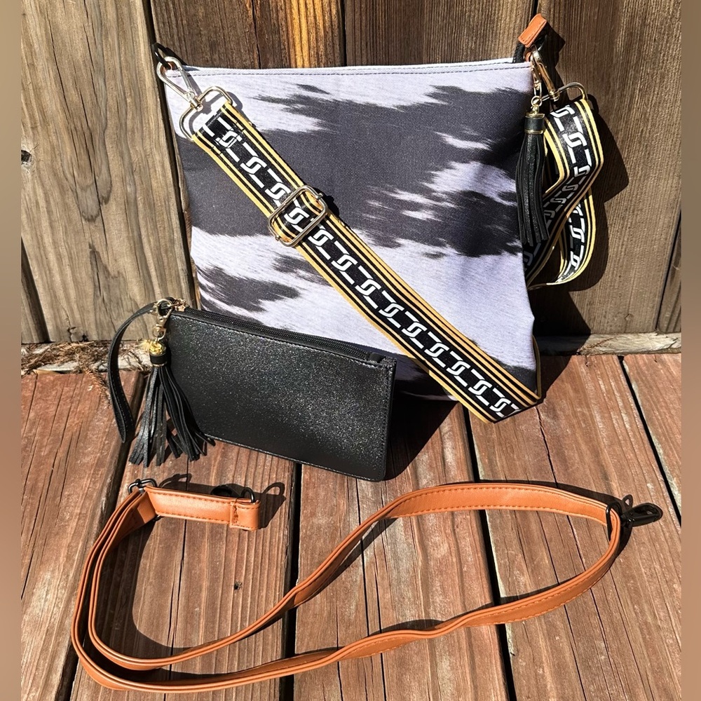 🖤NEW CANVAS COWHIDE PRINT BAG & WRISTLET WALLET SET w/ TWO STRAPS🖤